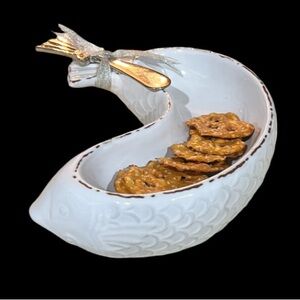 Mud Pie White Fish Shaped Cracker Dish Dip Bowl with Spreader Knife